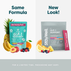 Label close-up of Stay-Well GLP-1 drink mix highlighting natural ingredients