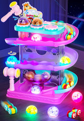Stay Fun 2-in-1 rolling ball and car ramp top view shows colorful tracks and action.
