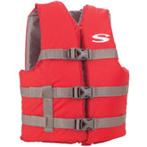 Stearns kids life vest front view in red, high visibility helps keep track of children on the water.
