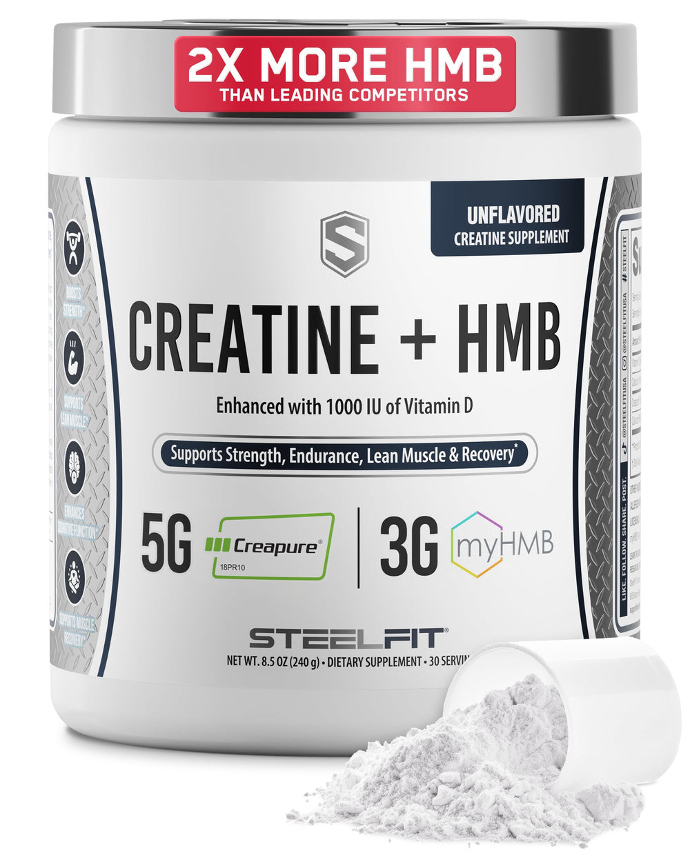 SteelFit Creatine HMB powder bottle for enhanced workouts.