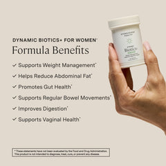 Back label of Stonehenge Health Biotics for Women bottle details strains and ingredients
