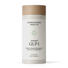 Stonehenge Health Dynamic GLP-1 bottle with 60 vegan capsules supporting appetite regulation.