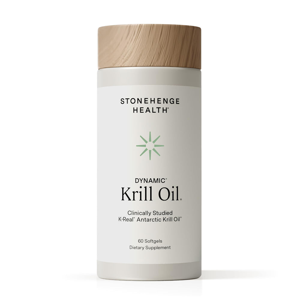 Stonehenge Health Dynamic Krill Oil bottle and softgels showcasing triple strength omega-3 benefits.