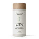 Stonehenge Health Dynamic Krill Oil bottle and softgels showcasing triple strength omega-3 benefits.