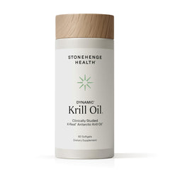 Stonehenge Health Dynamic Krill Oil bottle and softgels showcasing triple strength omega-3 benefits.