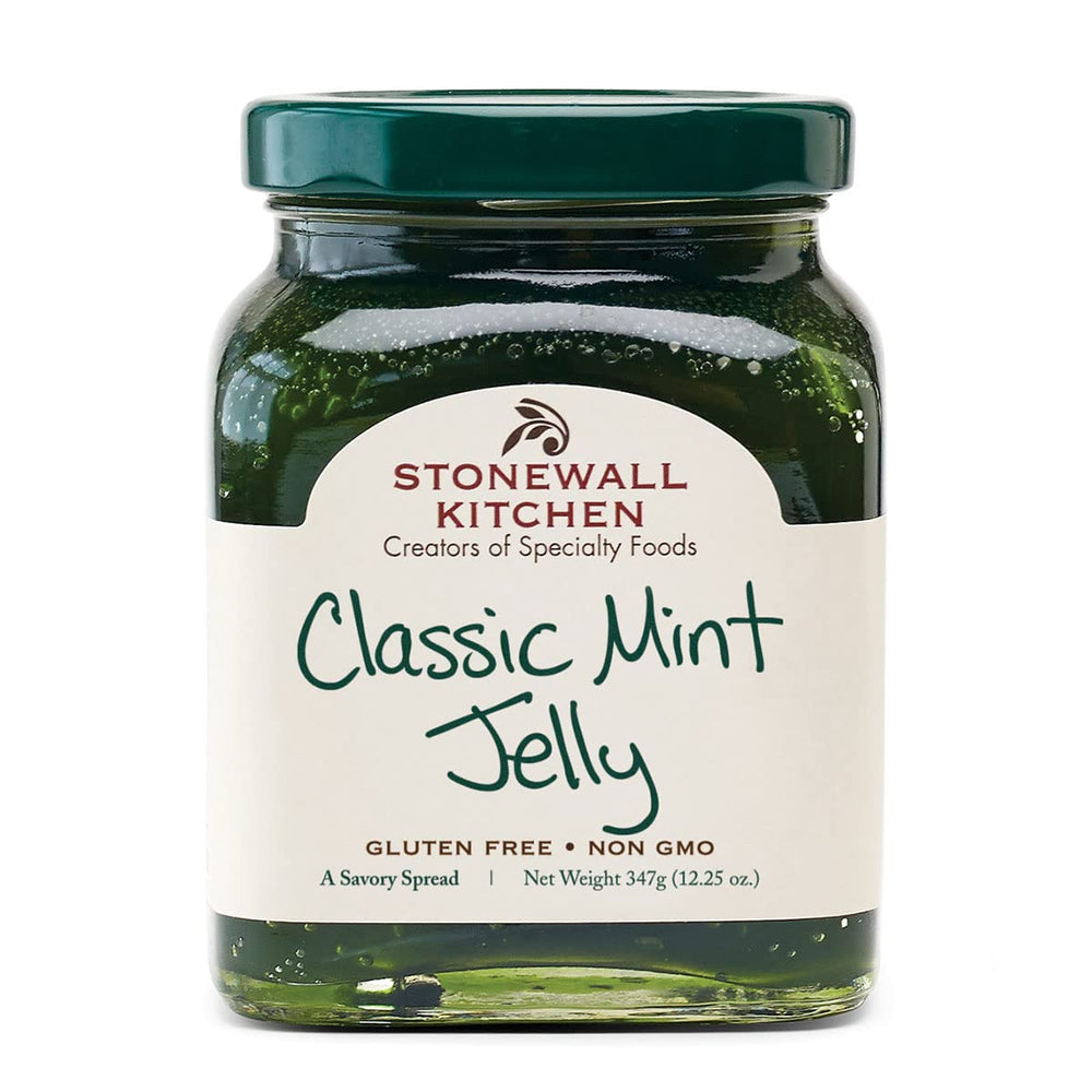 Stonewall Kitchen Classic Mint Jelly jar front view, a versatile pantry staple.