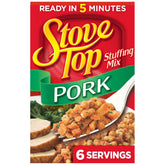 Stove Top Pork Stuffing Mix box shown as a quick, fluffy side for meals.