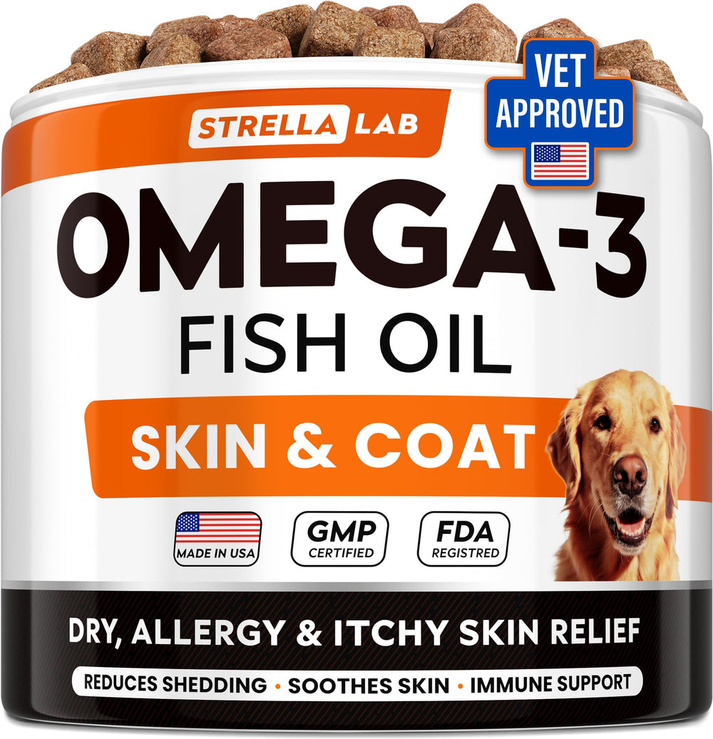 STRELLALAB Omega3 dog chews jar front for convenient daily skin and coat support.