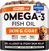 STRELLALAB Omega3 dog chews jar front for convenient daily skin and coat support.