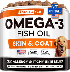 STRELLALAB Omega3 dog chews jar front for convenient daily skin and coat support.