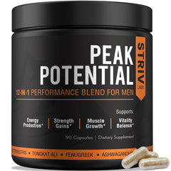 STRIVLABS Peak Potential bottle-front showing 90 capsules for daily energy and strength support.