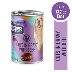 Strongheart pack of 12 cans demonstrates convenient, ready-to-serve beef in gravy.