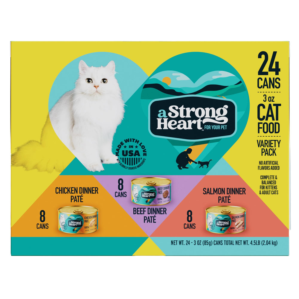 Strongheart variety-pack 3oz cans show real chicken for balanced meals.