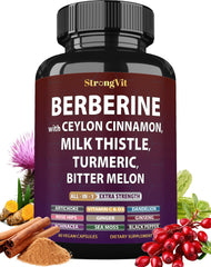 StrongVit Berberine Cinnamon bottle with a 15-in-1 wellness formula.