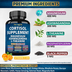StrongVit cortisol supplements label closeup highlighting magnesium and ashwagha