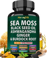 StrongVit Sea Moss bottle front view highlighting a premium multimineral blend for daily vitality.