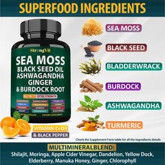StrongVit Sea Moss capsules close-up showing convenient all-in-one wellness capsules.