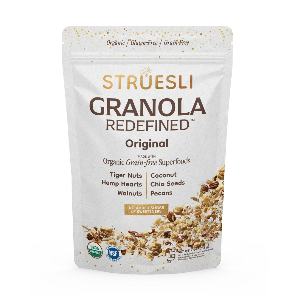 Struesli Original Granola with tiger nuts and chia seeds in a serving bowl, gluten-free snack