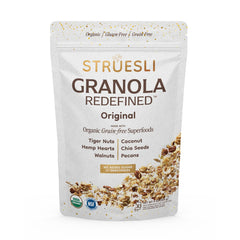 Struesli Original Granola with tiger nuts and chia seeds in a serving bowl, gluten-free snack