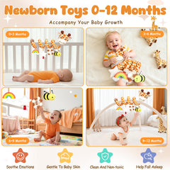 Stuffed giraffe rainbow bee stars flower toys offer varied textures for exploration.