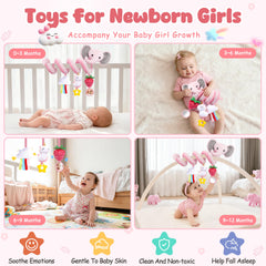 Stuffed unicorn spiral car seat toy stimulates sounds and grasping