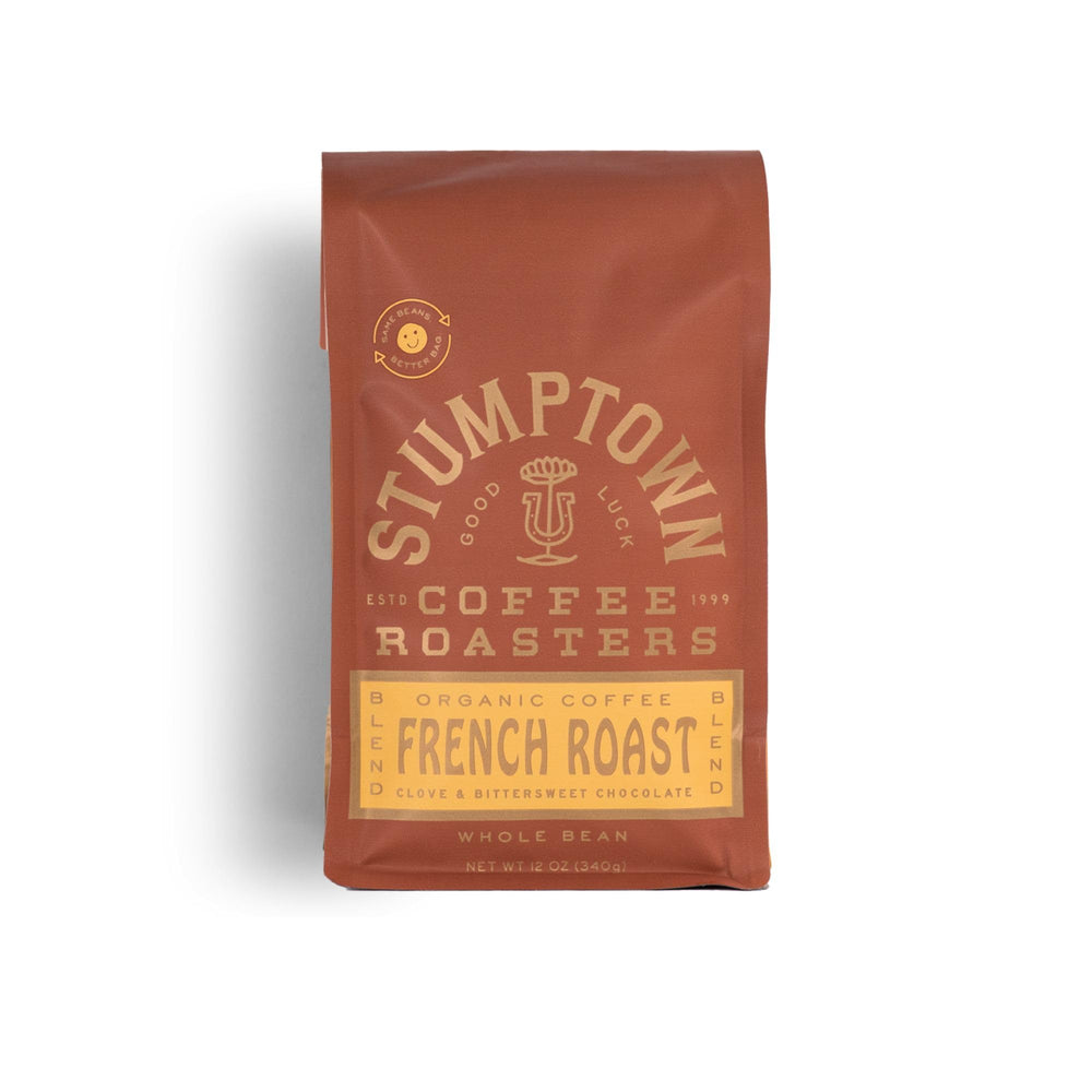 Stumptown French Roast organic whole bean bag ready for grinding and brewing.
