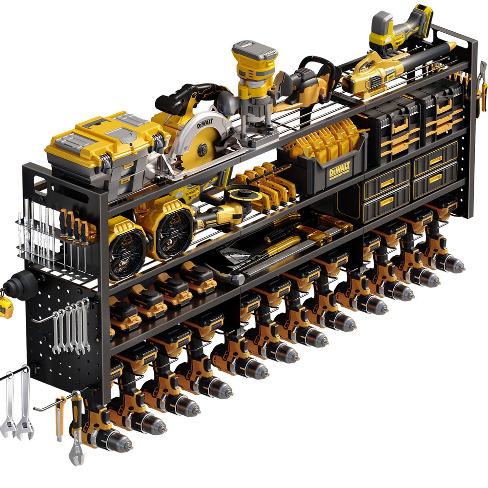 STURDIFLOW wall-mounted 49-inch tool organizer keeps large tools within easy reach.