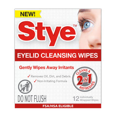 Stye cleansing eyelid wipes, individually wrapped for on-the-go cleansing.