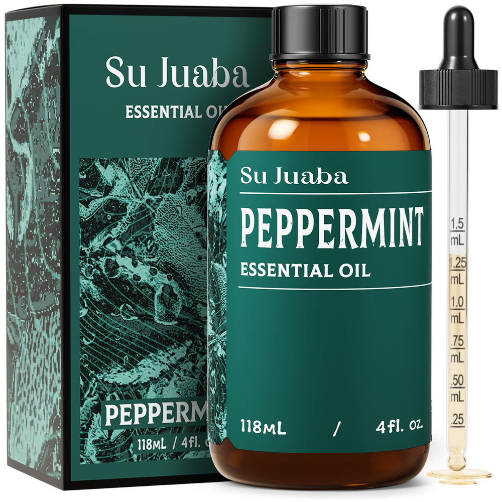 SU JUABA peppermint oil bottle closeup for diffusion