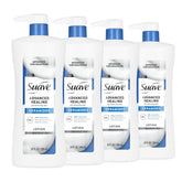 Suave Advanced Healing hand and body lotion bottle front, highlighting ceramides for deep hydration.