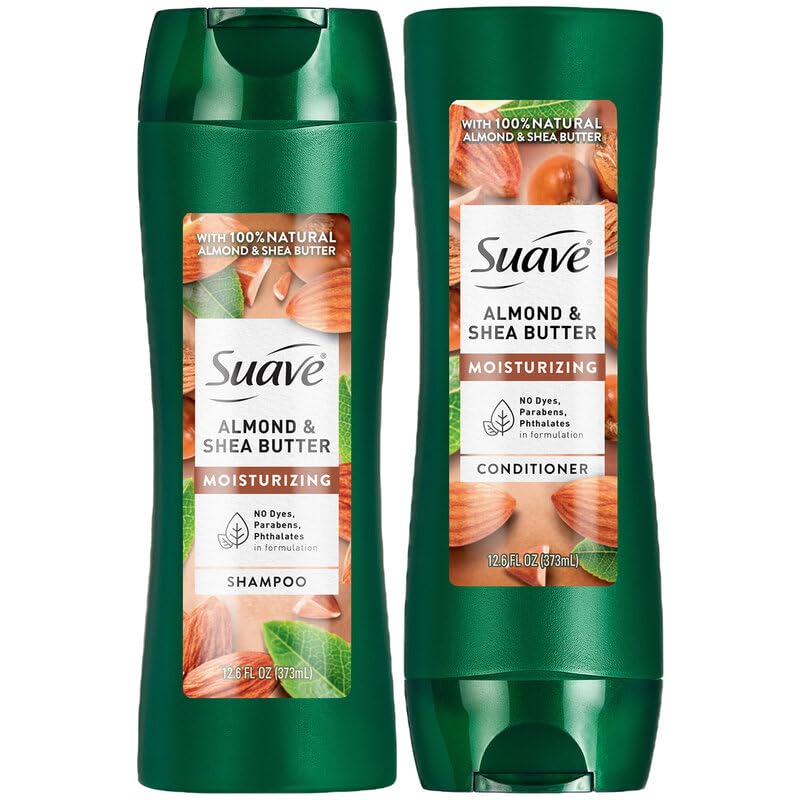 Suave Almond & Shea Butter Shampoo bottle highlights moisturizing action for dry hair