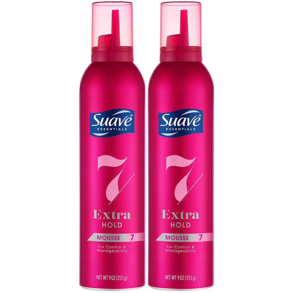 Suave Extra Hold Mousse bottle front shows natural volume and hold.