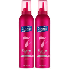 Suave Extra Hold Mousse bottle front shows natural volume and hold.