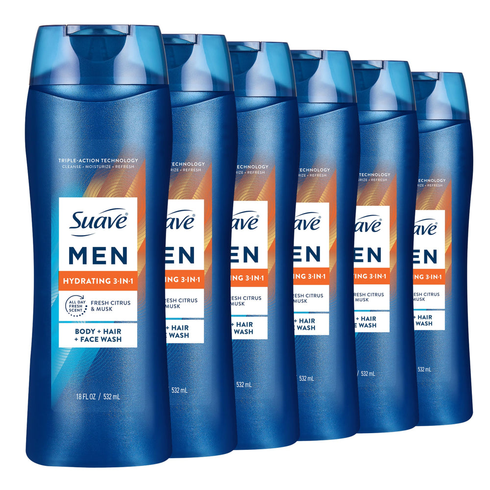 Suave Men Hydrating 3-in-1 bottle front demonstrates all-in-one cleanse for body, hair, and face with hydration.