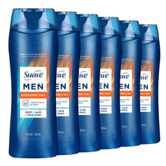 Suave Men Hydrating 3-in-1 bottle front demonstrates all-in-one cleanse for body, hair, and face with hydration.