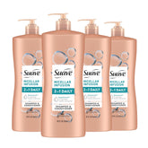 Suave Micellar Infusion 2-in-1 bottle on bathroom shelf for daily cleansing and conditioning