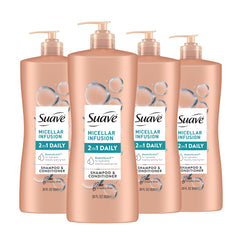 Suave Micellar Infusion 2-in-1 bottle on bathroom shelf for daily cleansing and conditioning