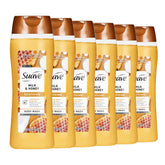 Suave Milk & Honey bottle close-up shows moisturizing formula for soft skin