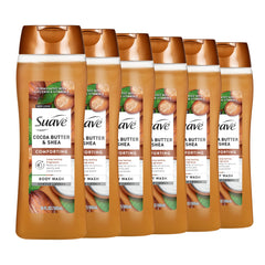 Suave Cocoa Butter and Shea body wash bottle showing hydrating formula.