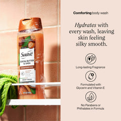 Suave body wash with creamy lather for soft, hydrated skin after shower.