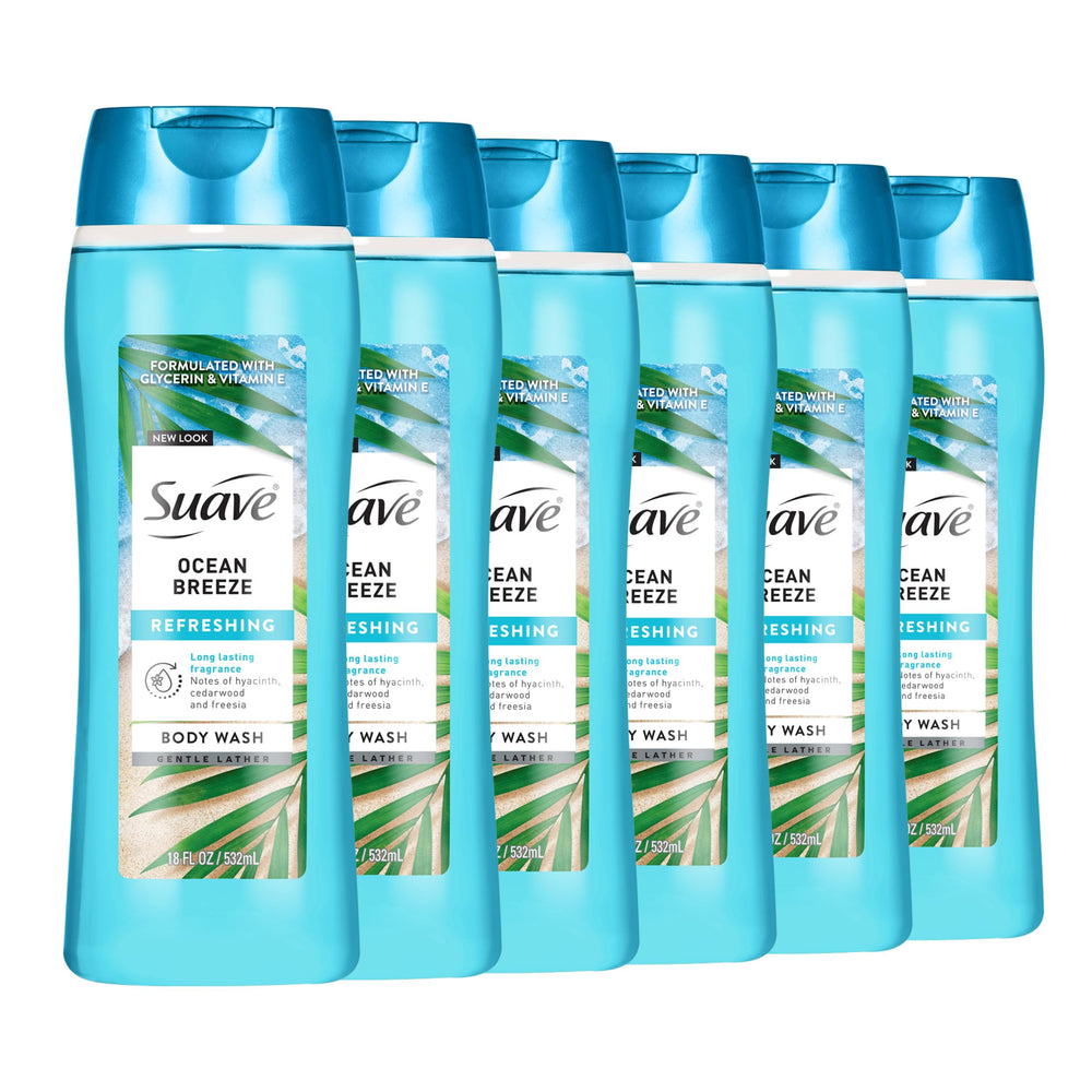 Suave Ocean Breeze Body Wash bottle shown for a refreshing cleanse and hydration