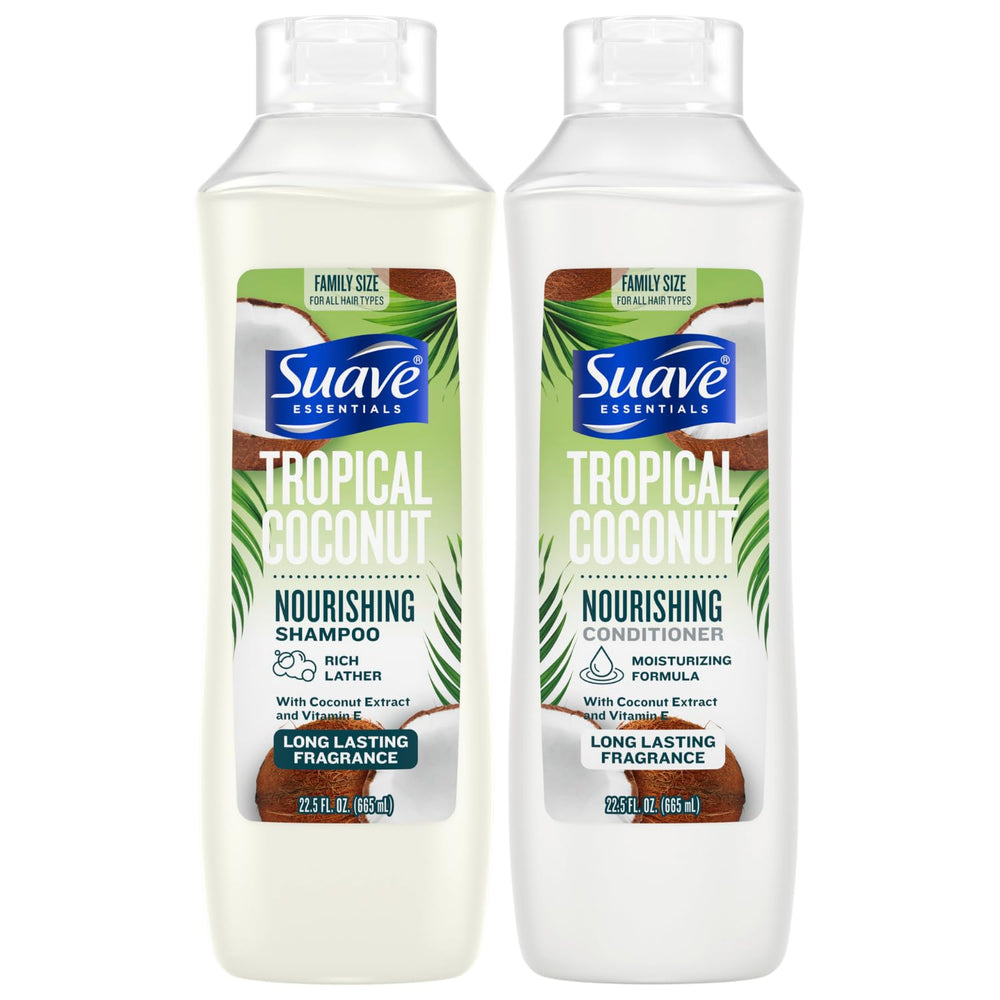 Suave Tropical Coconut shampoo bottle with rich lather for cleansing.