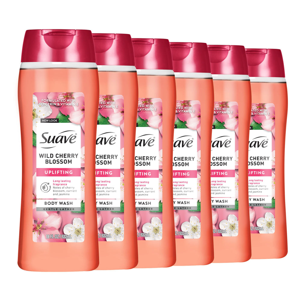 Suave Wild Cherry Blossom Body Wash bottle highlights fragrance and bottle design