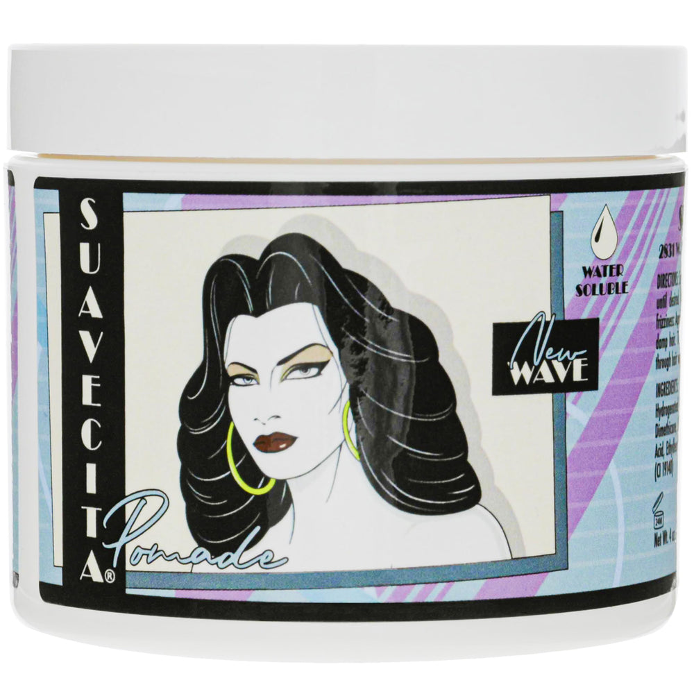 Suavecita New Wave Edition pomade bottle front shows water-based formula for easy wash-out.