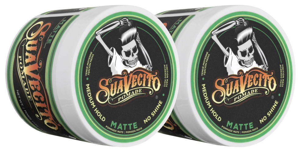 Suavecito Matte Pomade 2-pack bottles shown, offering a shine-free finish for versatile styling.