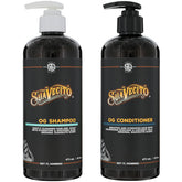 Suavecito OG shampoo bottle pump shows sulfate-free cleansing for all hair types.