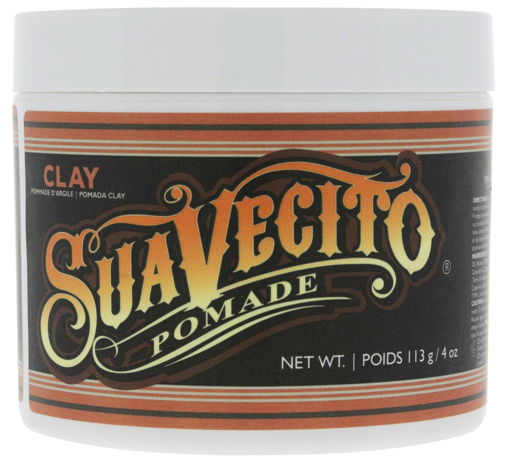 Suavecito Pomade Firme Clay tub shows texture for matte, long-lasting hold.