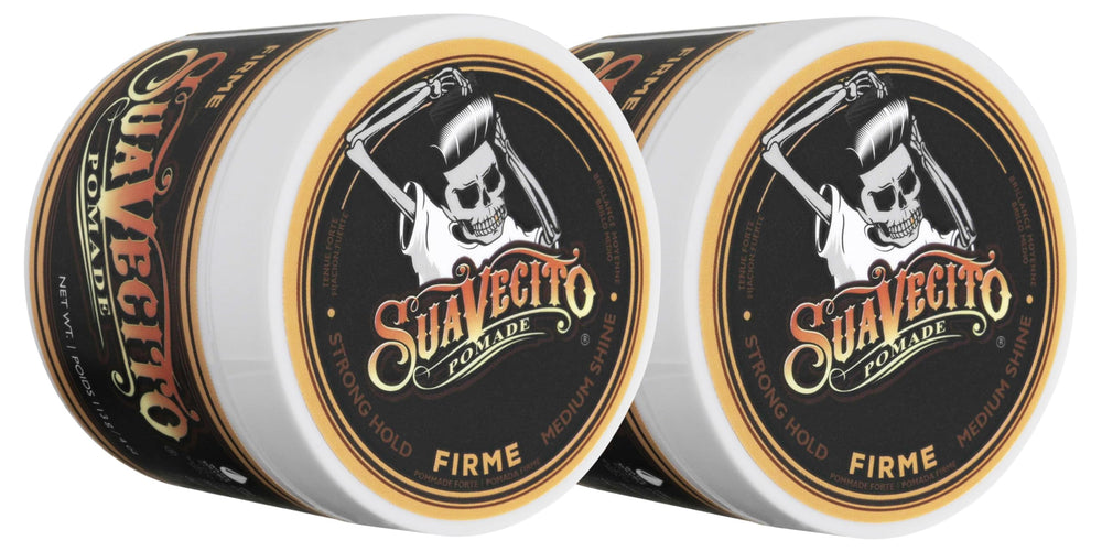 Suavecito Pomade Firme jar highlights strong hold for all-day control.