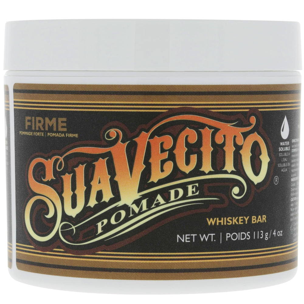 Suavecito Pomade Firme whiskey bottle showing strong hold for sleek styles.
