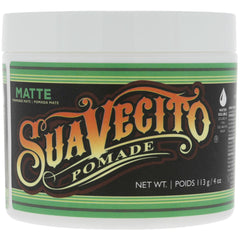 Suavecito Pomade Matte jar closeup highlighting shine-free hold for natural texture.